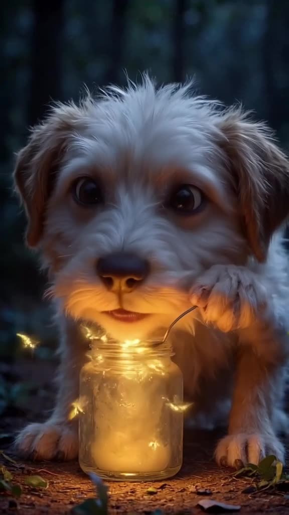 A sheepdog gently herds a group of glowing fireflies into a jar using a tiny ladle. The j…