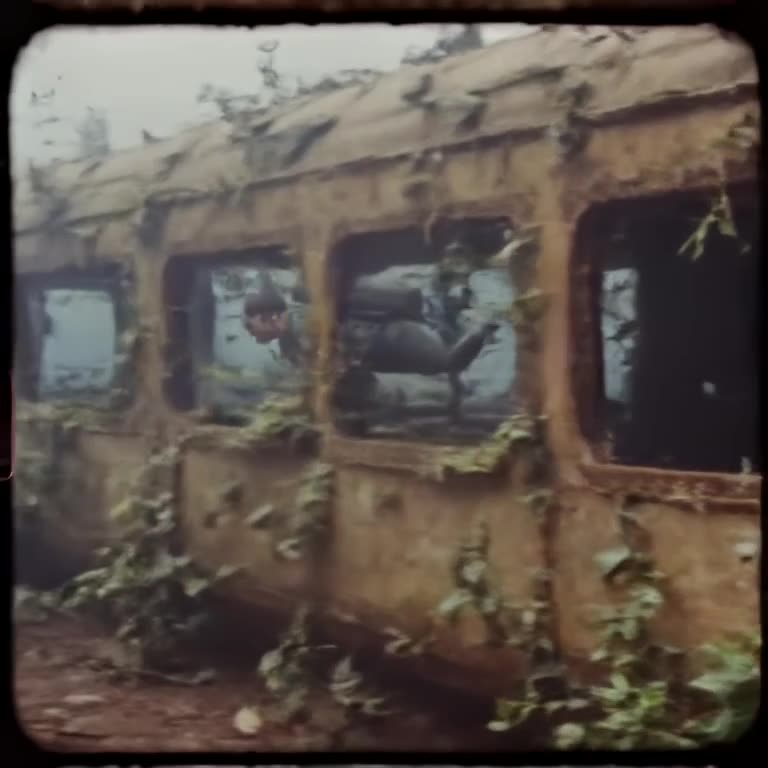 A vintage film reel of a scuba diver exploring an abandoned, plant-choked submarine in th…