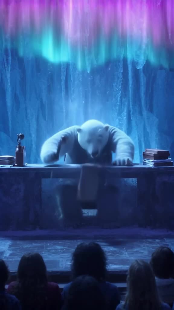 A polar bear in a sharp suit sits behind a courtroom desk, banging a gavel with a flipper…