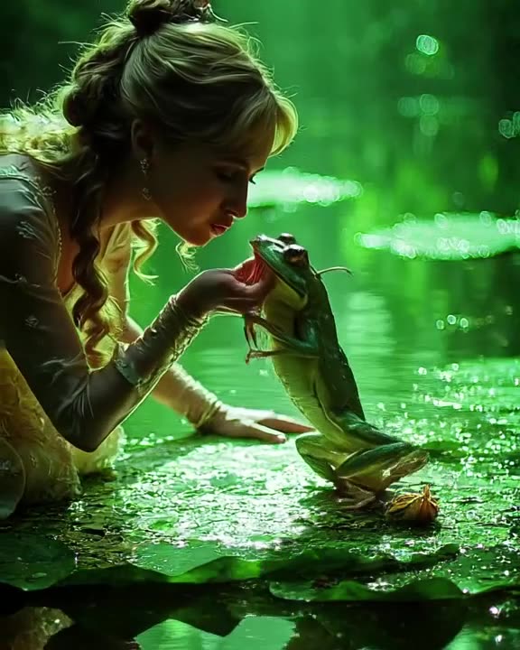 A frog sits on a lily pad. A princess kisses it, but instead of a prince, a tiny, well-dr…
