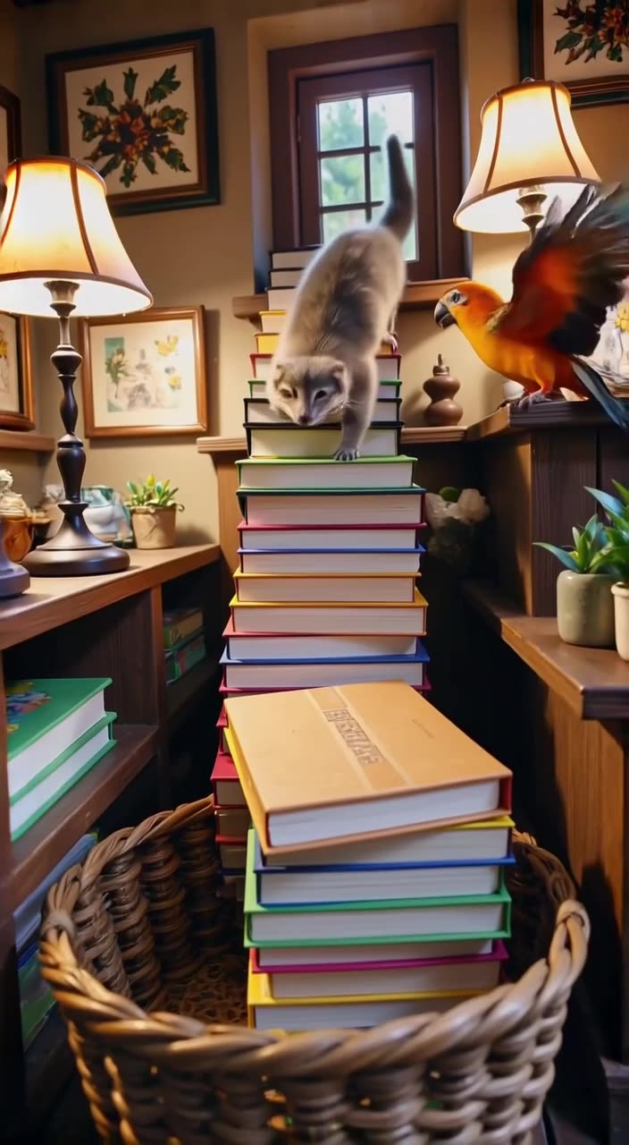 Inside a cozy bookshop, a ferret slides down a stack of hardcover books like a slide, lan…