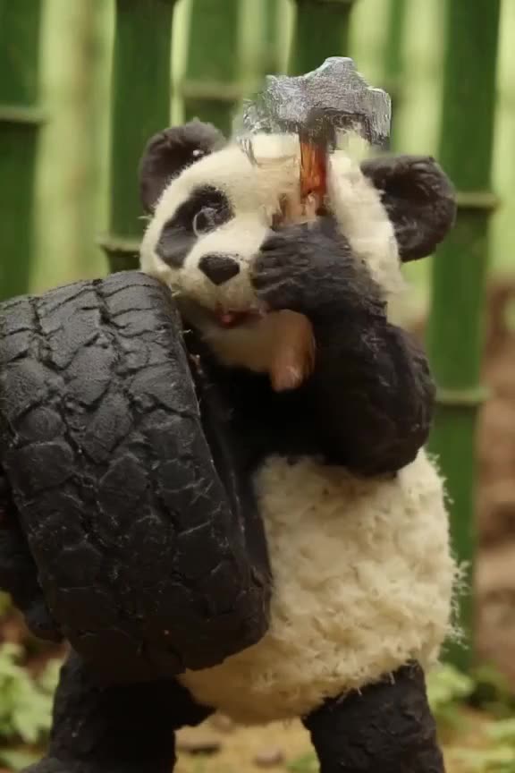 A panda is trying to fix a flat tire with a tiny hammer. It hits the tire once, misses, a…