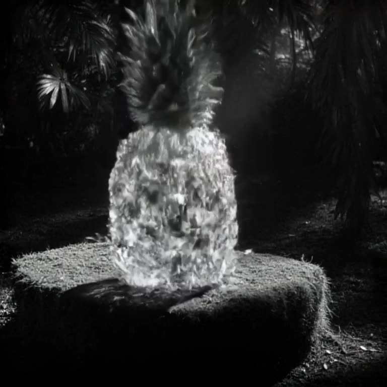 A floating, geometric pineapple made of glass drops onto a mossy rock. It shatters into c…