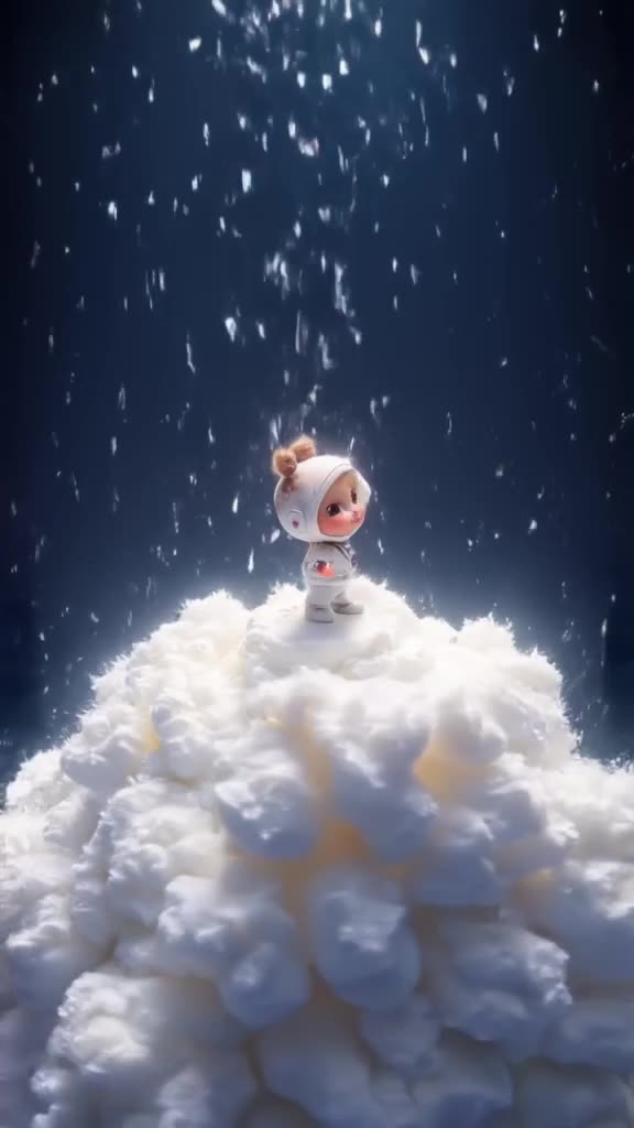 A tiny astronaut stands on a mountain of whipped cream, using a marshmallow as a shield a…