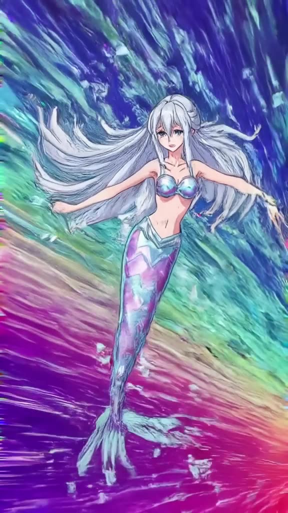 An anime-style mermaid with flowing silver hair dances gracefully among swirling bubbles.…