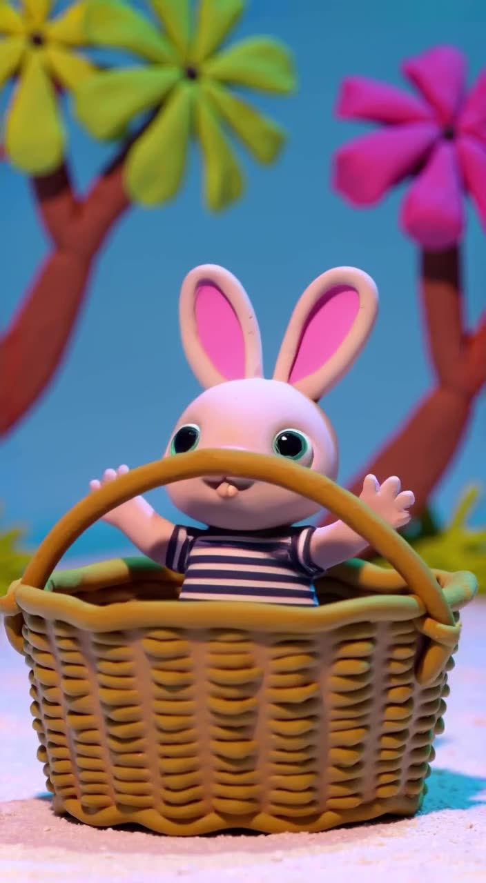 Claymation style baby rabbit in a striped shirt tries to shoot a basket. Bright, saturate…