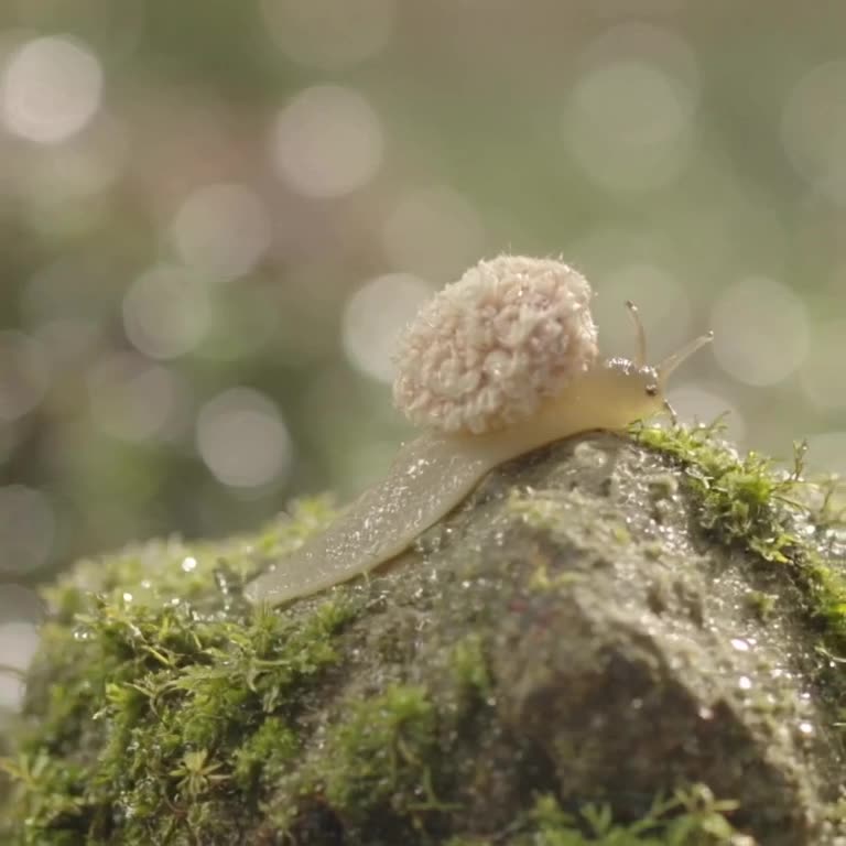 POV: A snail is wearing a tiny knitted hat. It slowly moves across a mossy rock. Macro le…
