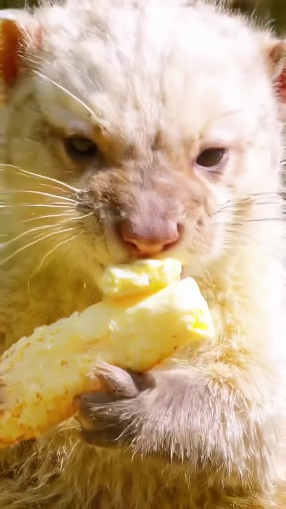 A baby otter holds a long, cream-filled eclair. It tries to bite it but the cream explode…