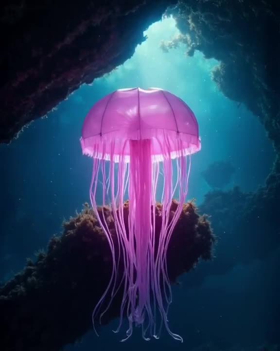 Deep sea abyss, bioluminescent jellyfish pulses with pink light. Suddenly, it unfurls not…