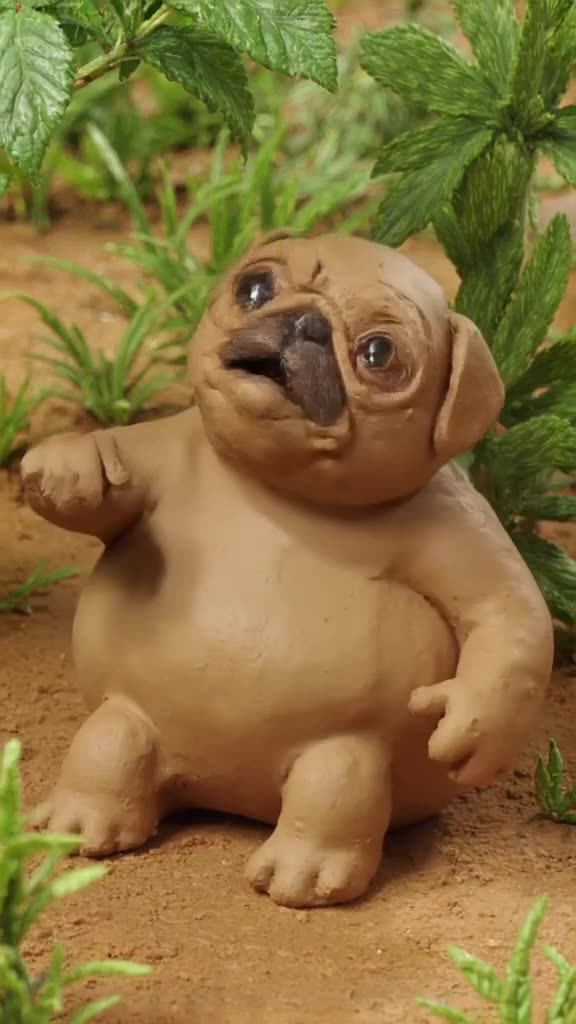 Claymation style. A round, squishy pug sits in a clay garden. Soft, matte textures. The p…