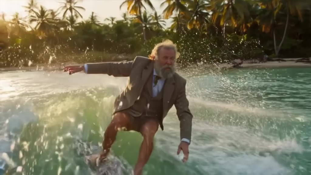 A bearded old man in a tweed suit free-surfing on a wave in a tropical lagoon. His beard …