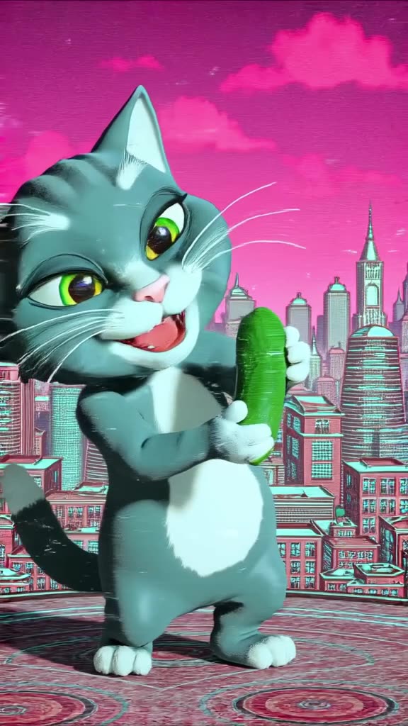 VHS glitch effect over a retro cityscape. A cat bats a cucumber. It glitches and turns in…