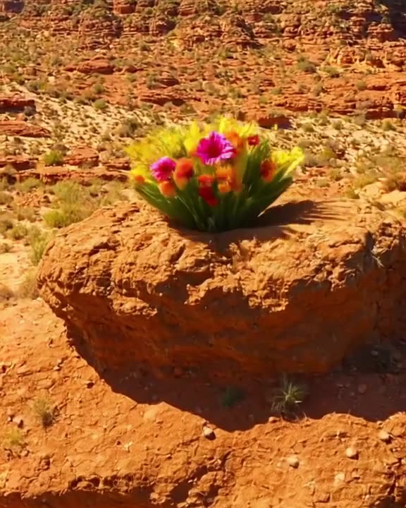 A desert rock formation suddenly blooms with giant, colorful flowers that burst open inst…