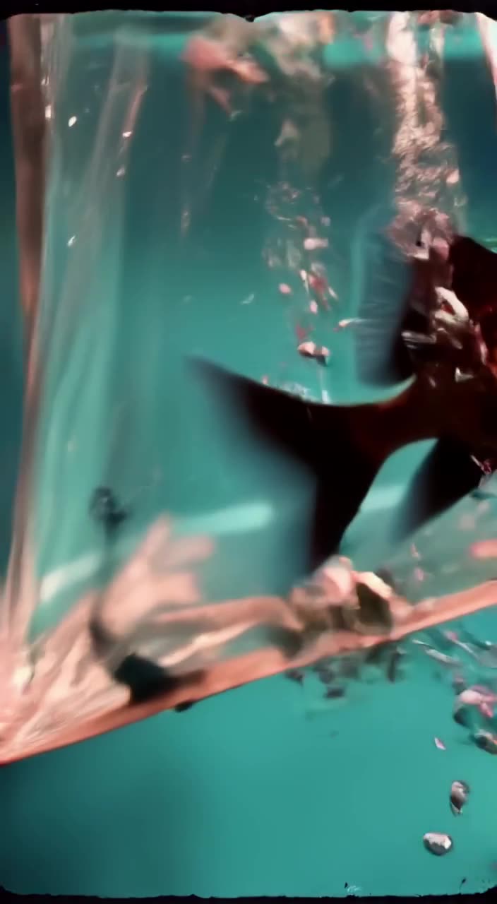 A clear acrylic bag hangs in a pool of water. Inside, a live goldfish swims in circles. B…