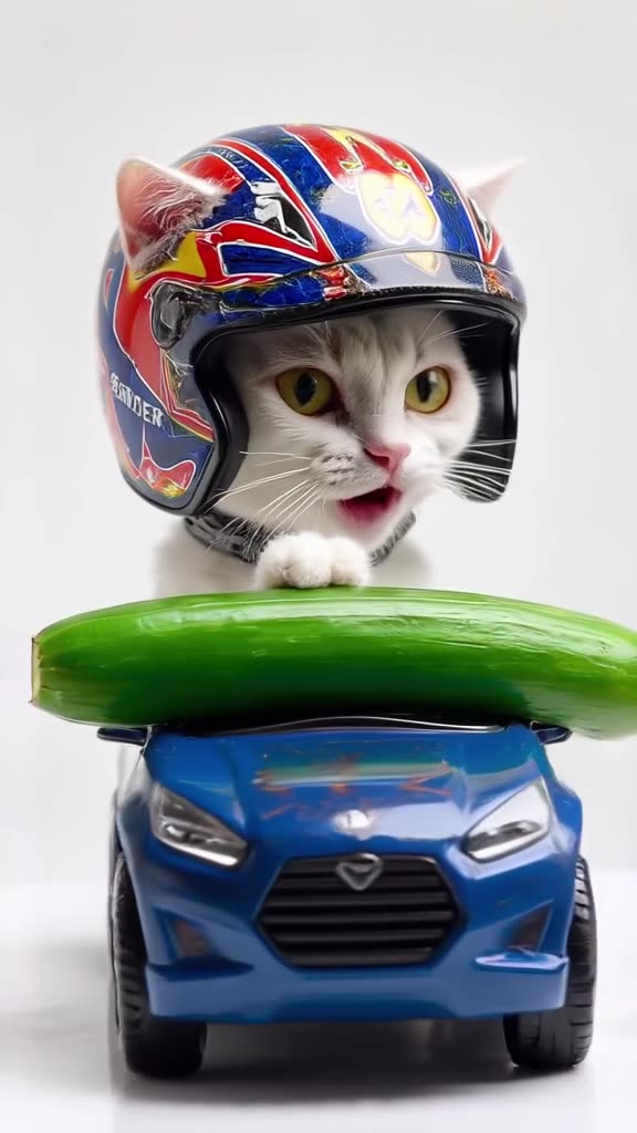 A white cat wears a racing helmet, sitting in a toy car. A cucumber rolls in, and the cat…