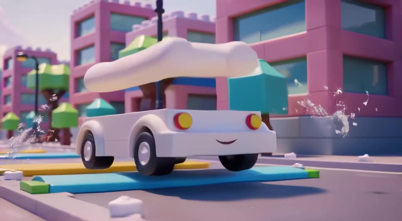 A Lego city street where cars are replaced by rolling marshmallows. They bounce over spee…