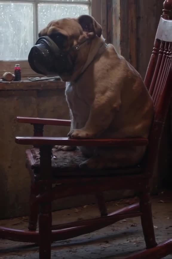 A bulldog sits solemnly next to a half-built rocking chair, wearing a dust mask that is s…