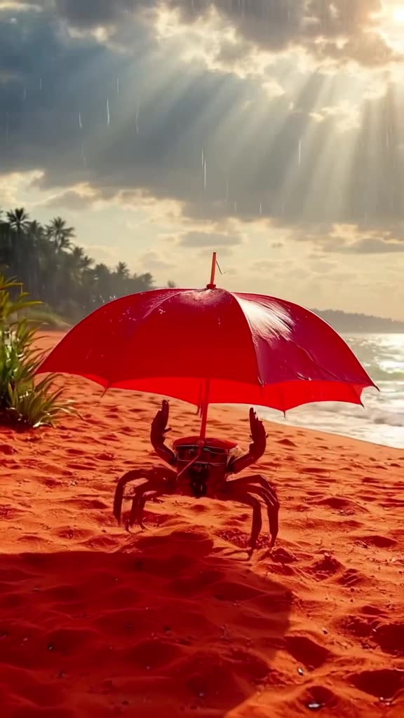 A crab carries a bright red umbrella across a sandy beach during a sudden mini-rain showe…