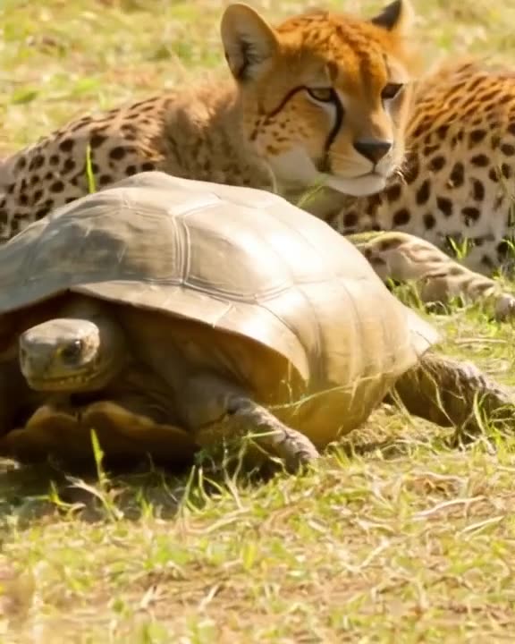 A tortoise in a marathon bib crawls past a cheetah sleeping on the sidelines. Sun-drenche…