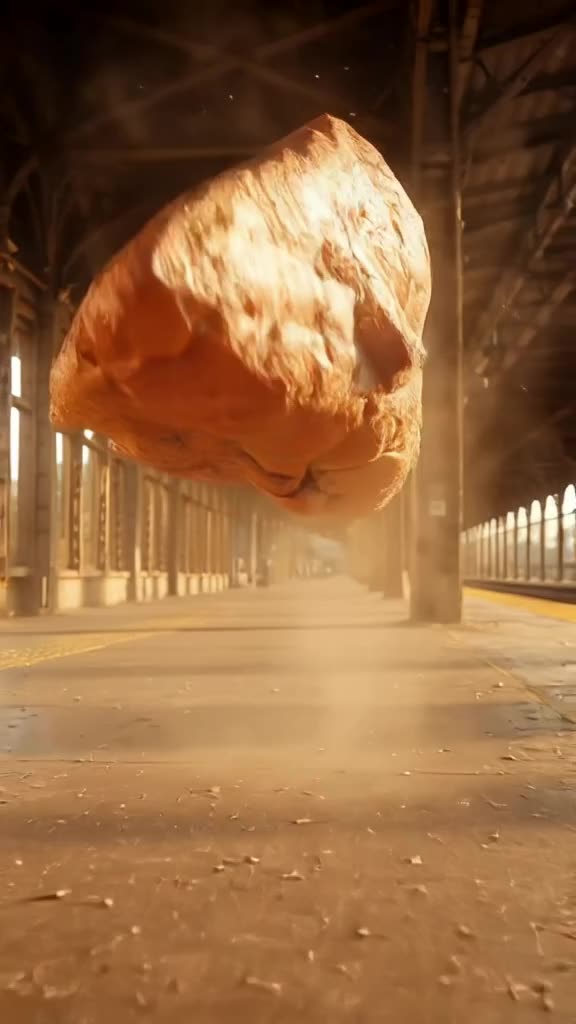 A loaf of bread executes a graceful backflip onto a subway platform. Sunlight streams thr…