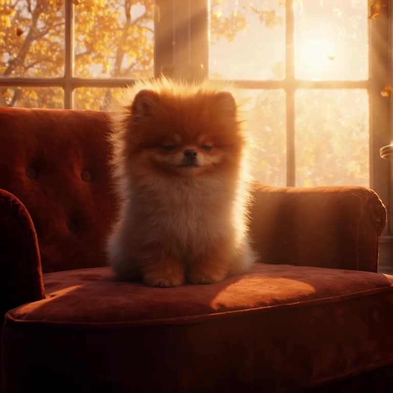 A tiny Pomeranian sits perfectly still on a velvet armchair, eyes closed, while autumn le…