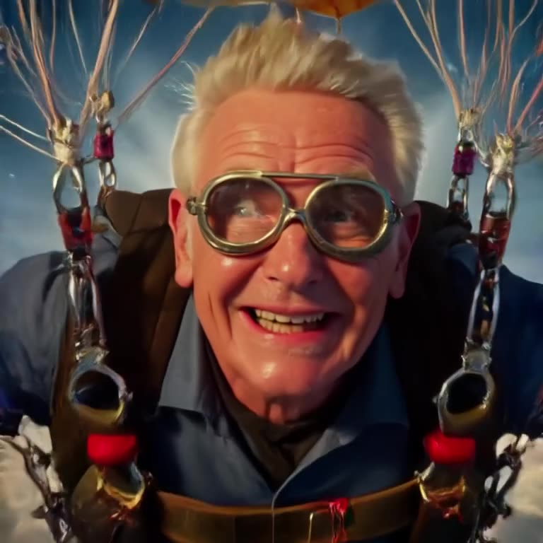 A grumpy-looking senior man skydiving with a giant cupcake parachute, smiling wildly as t…