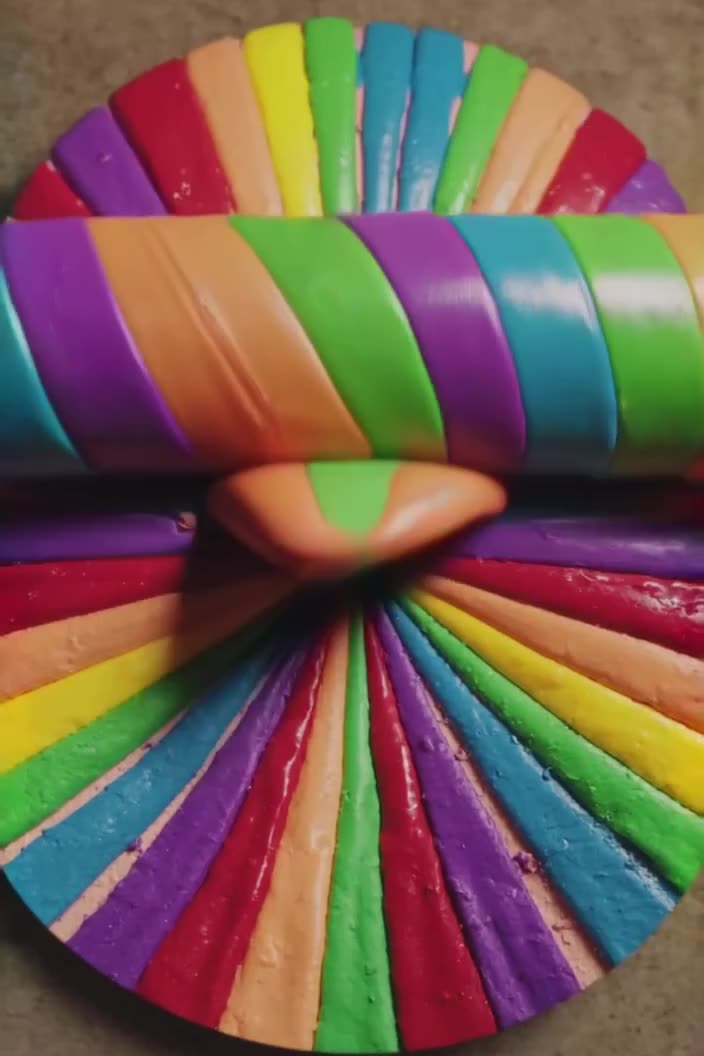 A vintage VHS filter shows a stack of colored clay being smashed by a rolling pin. The cl…