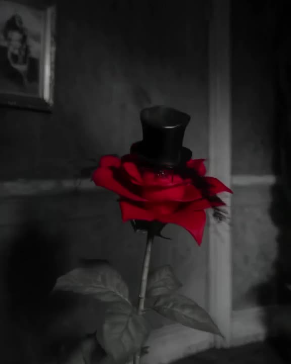 Noir black-and-white room. A single red rose blooms rapidly from a ink stroke. A tiny top…
