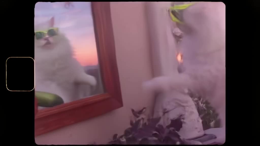 A fluffy white cat wearing neon sunglasses jumps onto a mirror. A cucumber reflects in th…