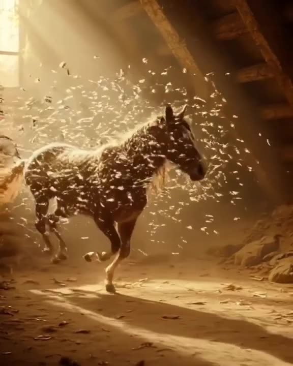 A horse formed from thousands of tiny floating feathers gallops through a warm, dusty att…