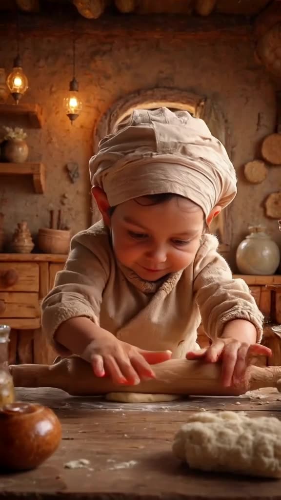 Static shot. A tiny baker kneads dough on a giant rolling pin. 'Thump-thump' rhythmic sou…