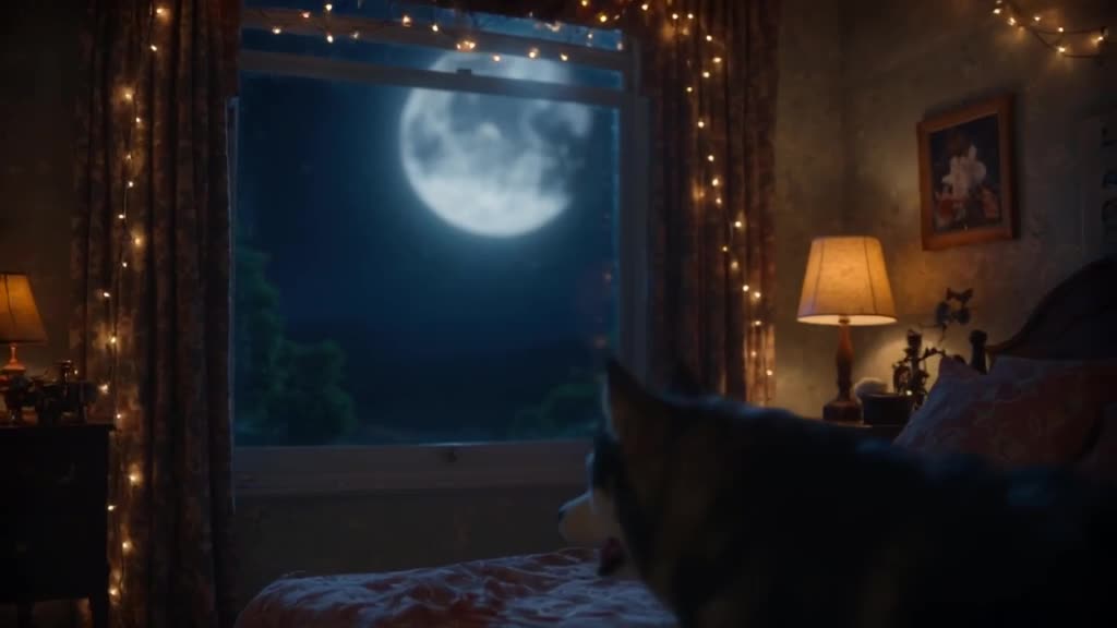 A Husky howls silently at a full moon visible through a large bedroom window. The room is…