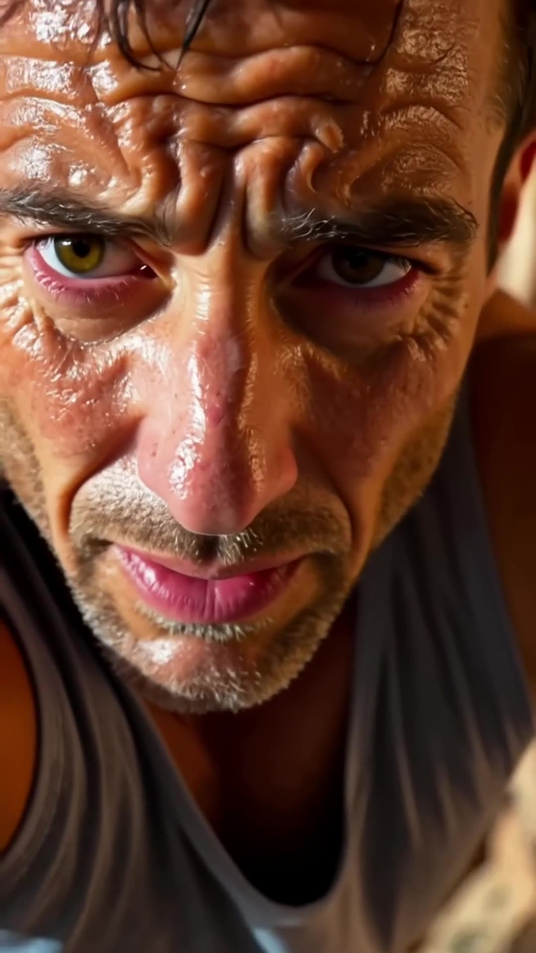 A close-up of a rock climber’s sweaty face. The camera pulls back to reveal the climber s…