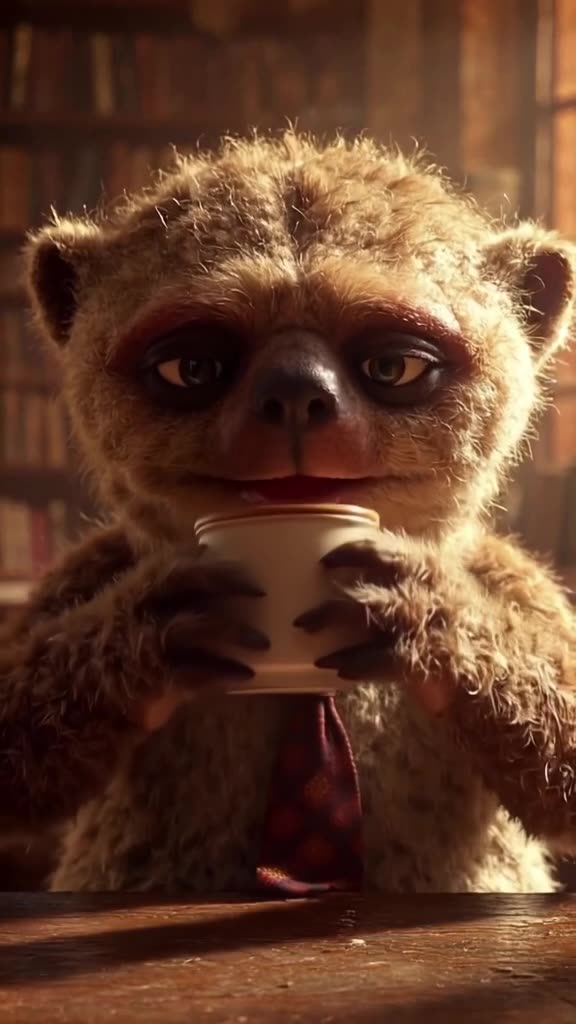 A sloth in a tie slowly lifts a coffee cup to its mouth. It takes three seconds to blink,…