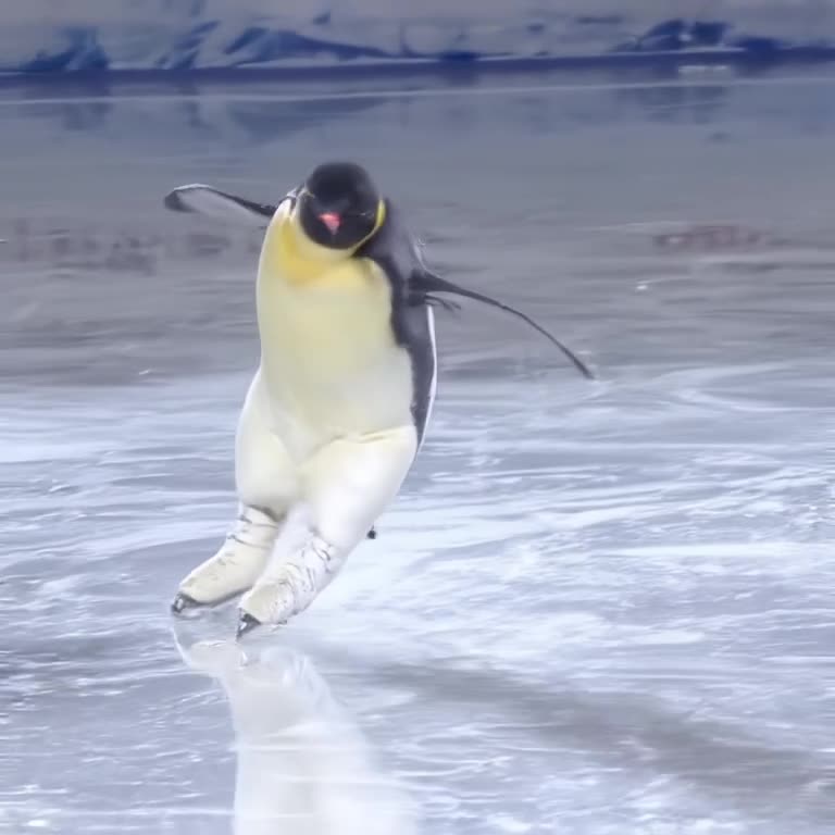 A penguin glides effortlessly across an icy rink, spinning like a figure skater. Icing sp…