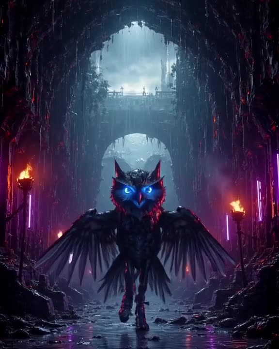 A mechanical owl with glowing blue eyes performs a futuristic wave dance inside a dimly l…