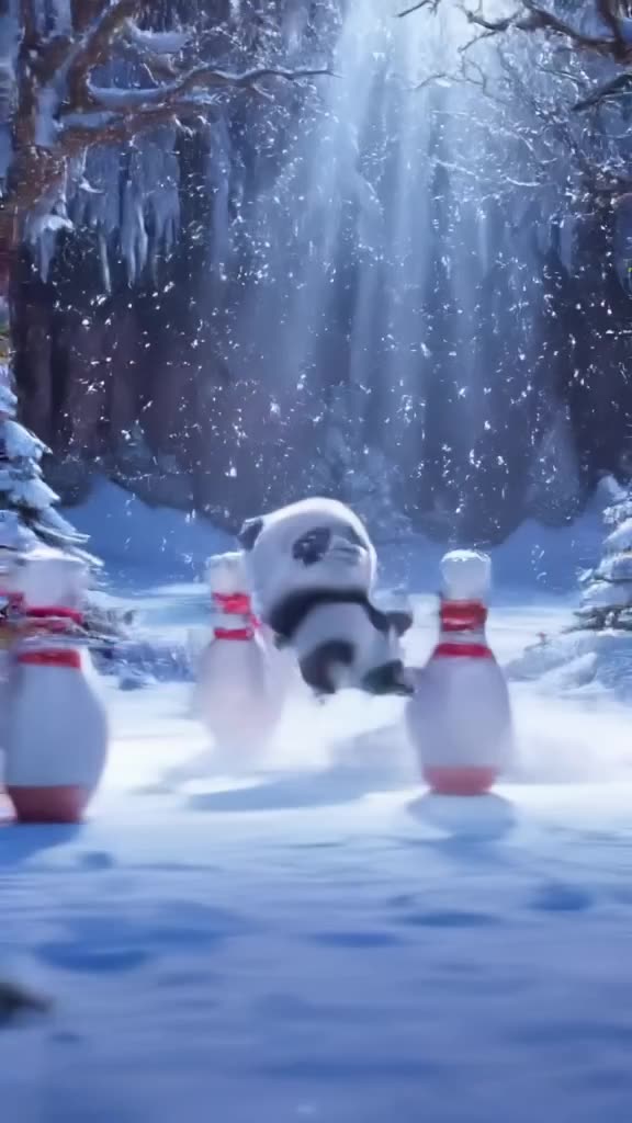 A baby panda slides across a snowy ring, knocking over punching bags like bowling pins. S…