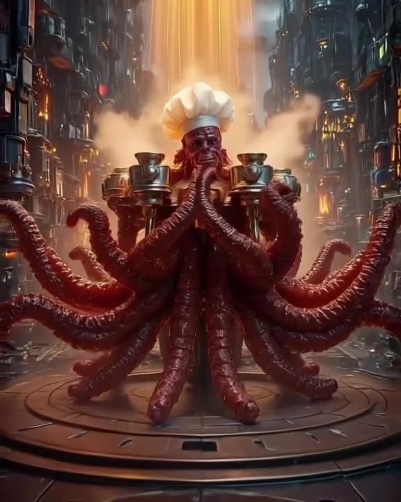 An octopus in a miniature chef’s hat presses buttons on a coffee machine with eight tenta…