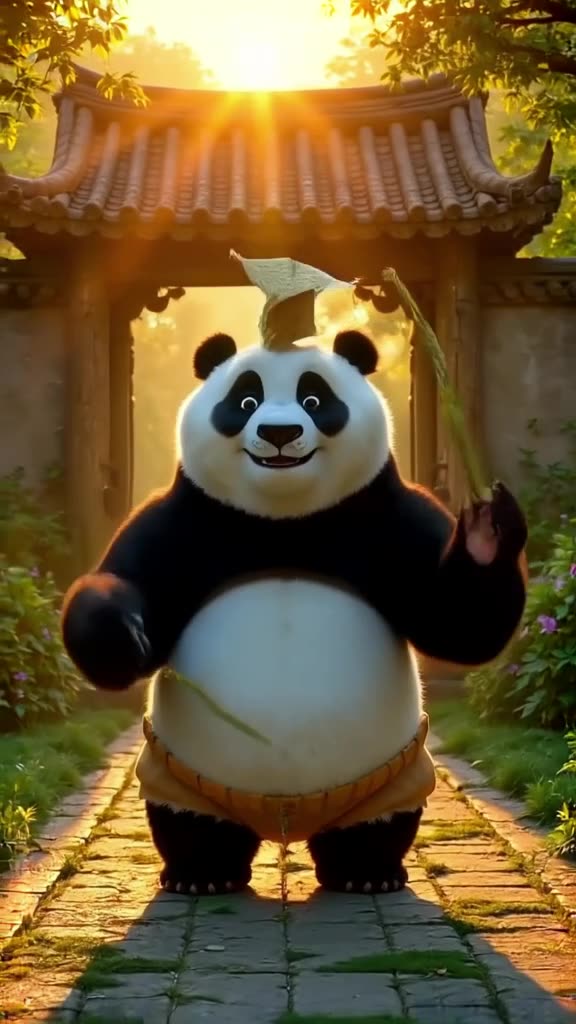 A panda bear juggles three bamboo stalks while wearing a graduation cap. It drops one, wh…