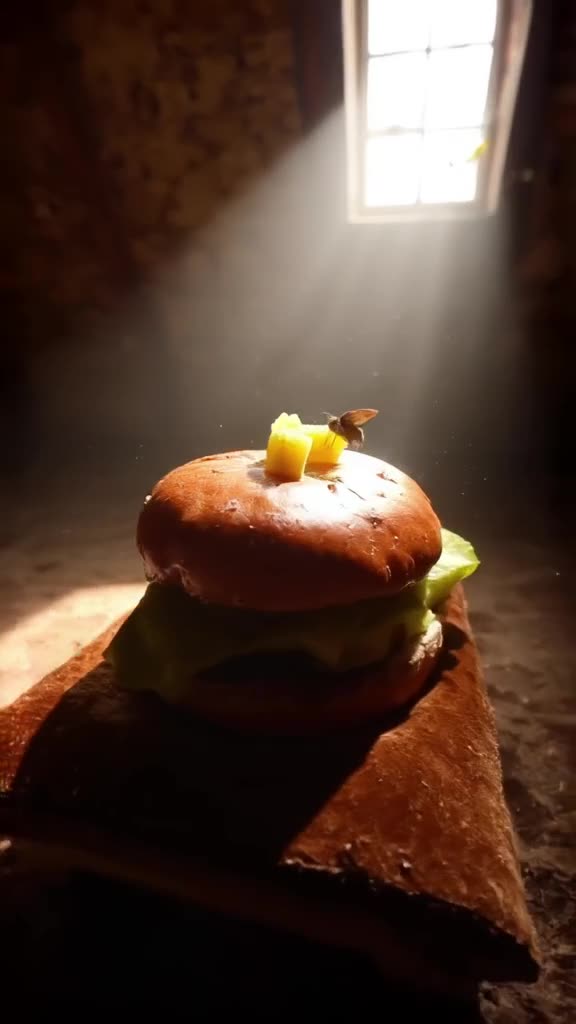 A burger rests on a velvet pillow in a luxurious, dusty attic. Dust motes dance in a sing…