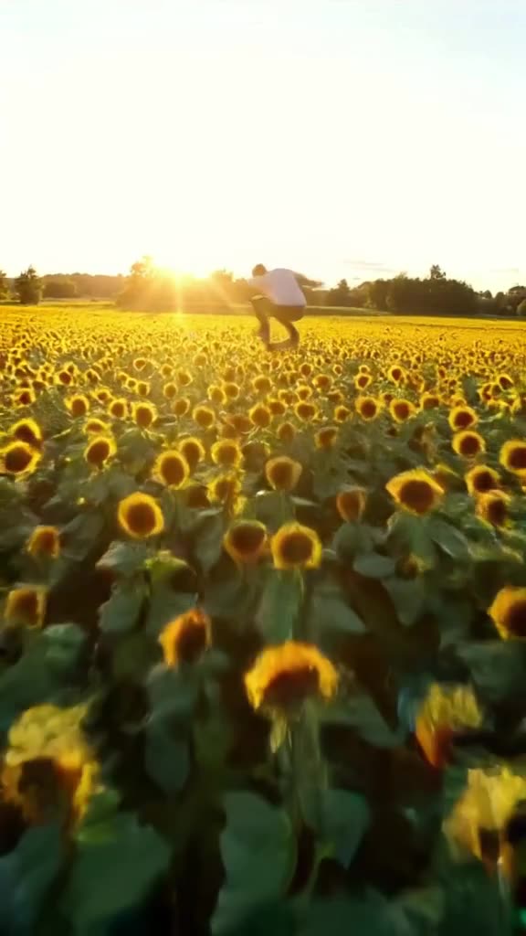 A skateboarder skates through a field of sunflowers that turn their heads to follow the b…
