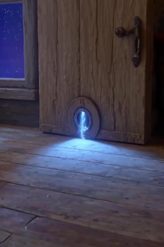 An old keyhole on a wooden door glows bright blue. A stream of starry night sky pours out…