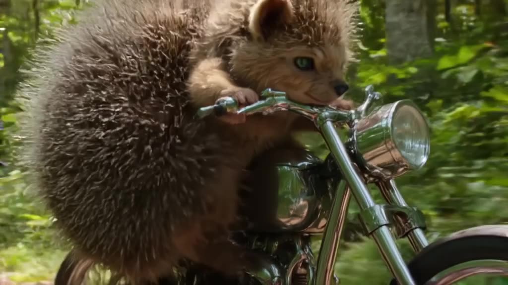 A hedgehog rides a chopper motorcycle, its spines quivering to the rhythm of upbeat swing…
