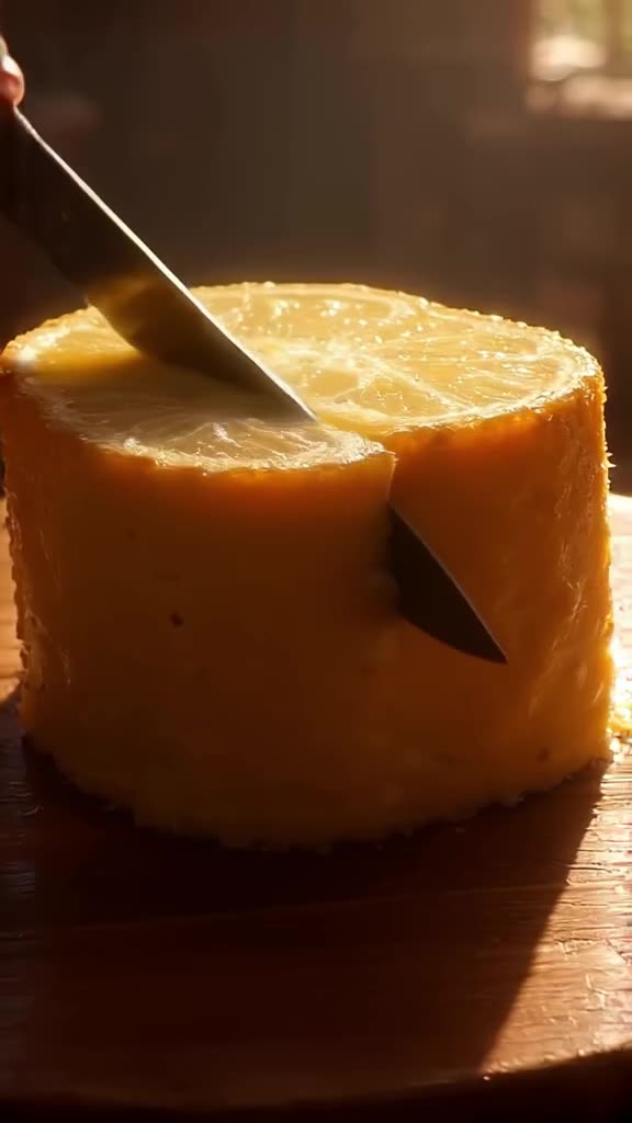 A giant slice of lemon tart sits on a wooden table. A tiny chef slices it with a sword, c…