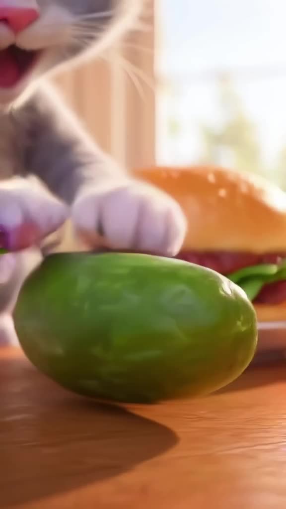Tiny kitten paws at a cucumber rolling away from a burger. Soft window light illuminates …