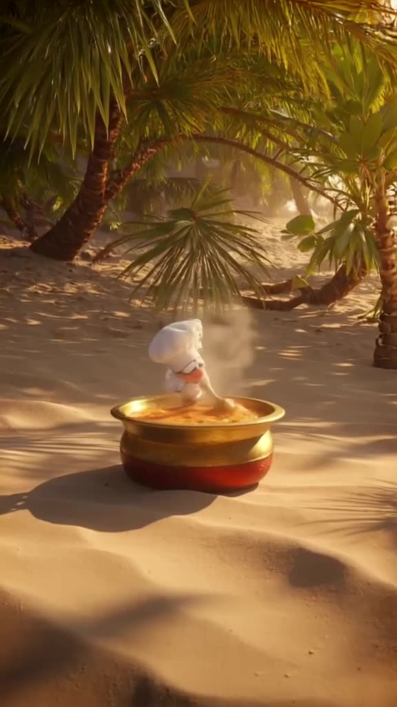 A tiny chef in a thimble pot stirs a bubbling giant mango soup. The spoon clinks loudly a…
