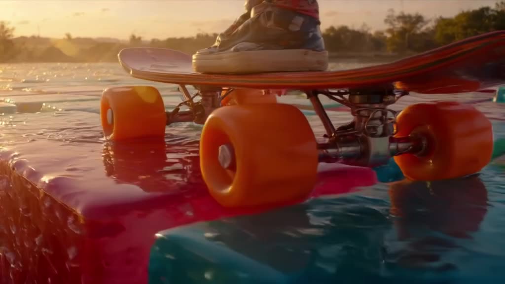 A pristine orange skateboard rolls over a field of giant, colorful Jell-O cubes. As the t…