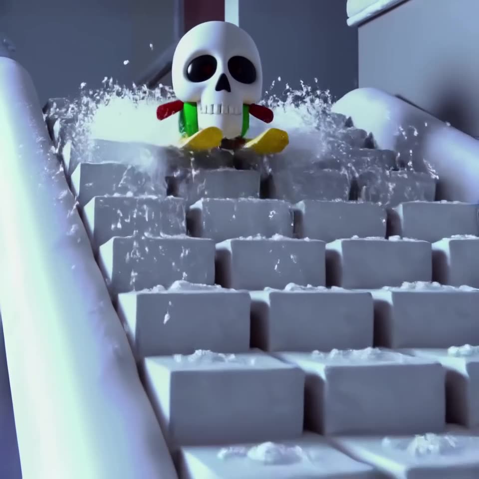 A sugar skull skis down a staircase made of sugar cubes, carving through them with a loud…