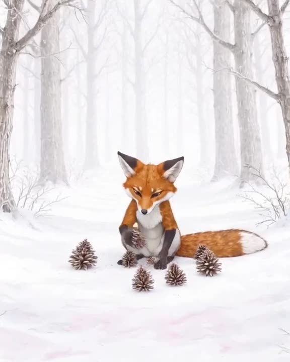 A fox sits in a snow-covered forest, carefully arranging pinecones in a circle. Soft whit…
