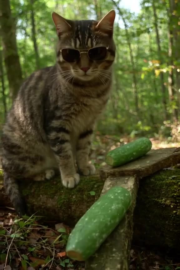 A tabby cat wearing sunglasses sits on a mossy log. A cucumber rolls down a small ramp an…